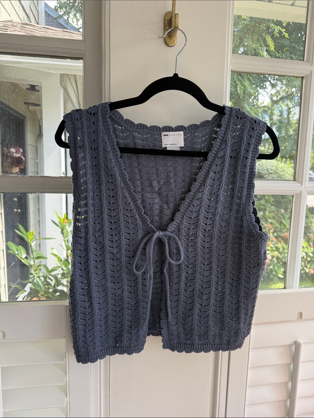 NWOT Asos Gray Blue Open-Knit V-Neck Tie-Front Sweater Vest
